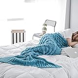 Feiuruhf Knitted Mermaid Tail Blanket for Adults Teens, Kids Crochet Snuggle Mermaid, All Seasons Sleeping Blanket (Blue)