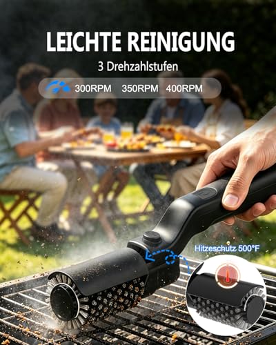 Electric Grill Brush, 180° Adjustable Angle, Rechargeable Grill Cleaner, 3-Stage Cleaning, 90 Minutes Runtime, Interchangeable Stainless Steel Brush Head for Grill Grate, USB-C