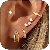 Florideco 925 Sterling Silver Earrings for Women Trendy Hypoallergenic Small Gold Hoop Earrings 14K Gold Plated Stud Earring Sets for Multiple Piercing CZ Ear Cuff Cartilage Earring Stacks