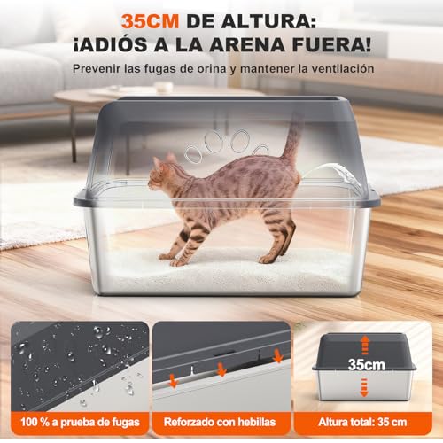 ROWIDE Arenero para Gato de Acero Inoxidable XL, Bordes Altos Antifugas con 5 Accesorios: Pala, Alfombrilla, Pegatinas, Cepillo y Bolsas. FáCil de Limpiar, No Se Pega, Apto para Gatos Grandes