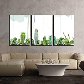 Various Cacti on Watercolor Background x3 Panels