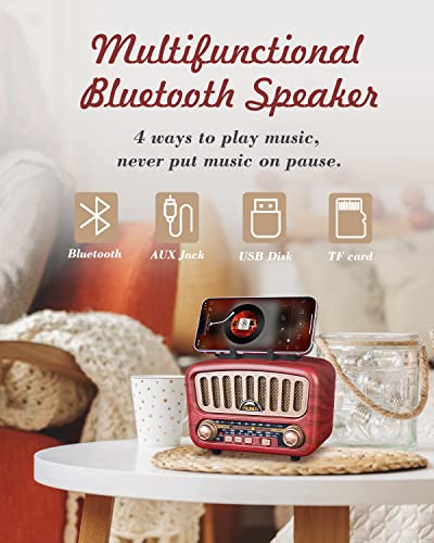 PRUNUS J-180 Portable Radio Vintage FM/AM(MW)/SW, Portable Bluetooth Radio, with Mobile Phone Holder, 1800 mAh Rechargeable Battery, Supports TF Card/AUX/USB