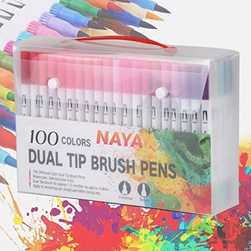 NAYA Felt Tip Pens Colouring Markers 100 Watercolour Marker Pen, Double Tip Art Fine Brush Markers for Adult Students, DIY Card Making, Photo Album Colouring Books Craft Doodling. (100 Pack)