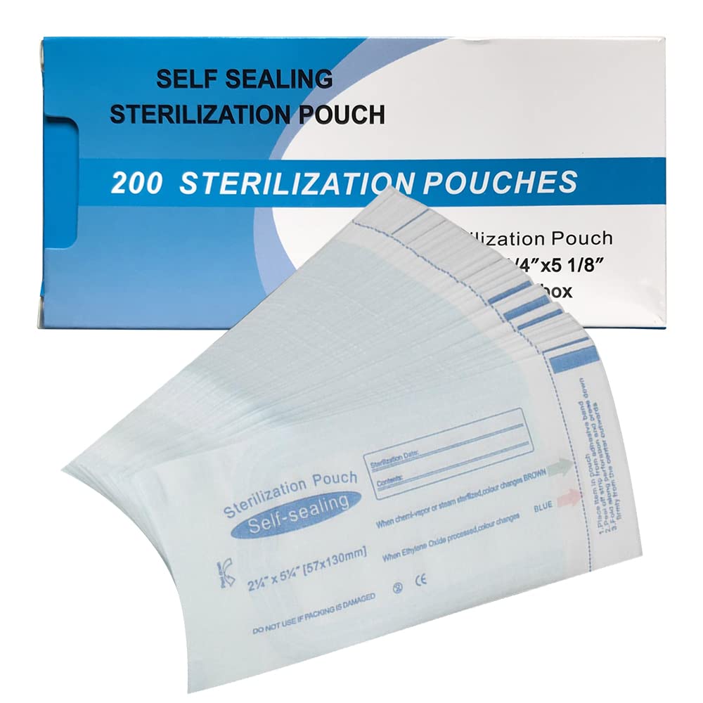 Uadme 200Pcs Self Sealing Sterilization Pouches, 57 x 130mm Disposable Sterilising Bags, Cleaning Pouch for Autoclave Sterilizer, Nail Tool Steriliser, Dentist Tools