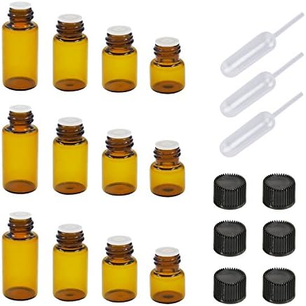 60pcs Essential Oil Bottles Amber Mini Bottles Glass Vials Bottles with 5pcs Short Plastic Transfer