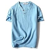 LOCALMODE Men Linen and Cotton V Neck Short Sleeve T Shirts Casual Tee Sky Blue L