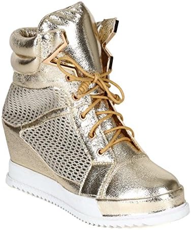 Vigo Fiore Kelis1 Women Metallic Leatherette Lace Up Mesh Hidden Wedge Sneaker - Gold (Size: 9.0)