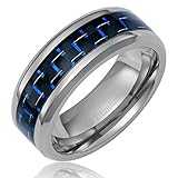 8MM Mens Titanium Ring Wedding Band with Black and Blue Carbon Fiber Inlay