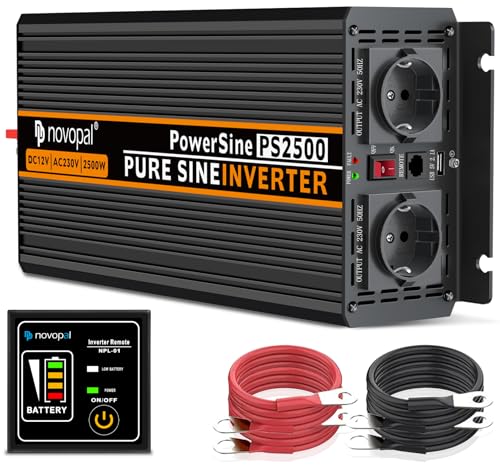Novopal 2500W 5000W Pure Sine Wave Inverter DC 12 V AC 220 V | 5m Remote Control,2 EU Socket,1 USB Output,Aluminum Alloy Housing,Suitable for Truck,Camping,Travel