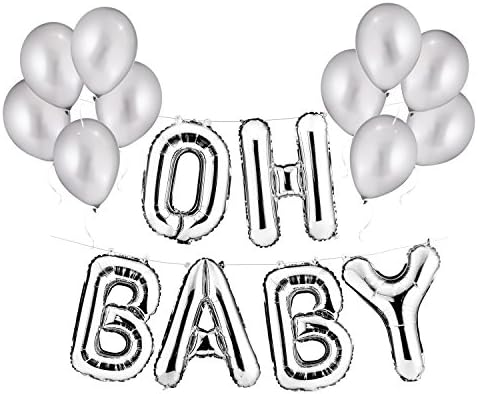 Silver 16” OH Baby Foil Alphabet Balloon Banner with 10 Silver 12” Latex Balloons, for Gender Reveal/Baby Shower/Party Décor/Photo Ornaments, Straw and 32’ String Included