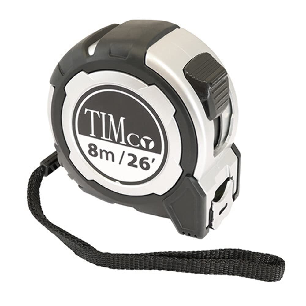 TIMCO 8M Tape Measure - 8m/26ft x 25mm - With locking button, belt clip and hand strap - Metric and Imperial tape measure