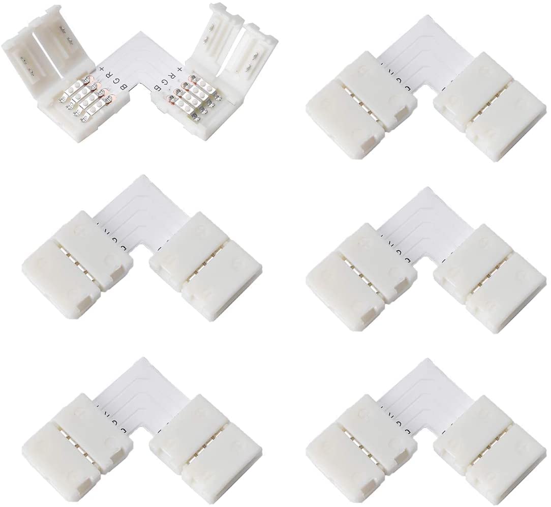 WOWLED 10-Pack 4 Pin 10mm L-Shape Strip Light Connector Clip, Right Angle Corner Connector for 5050 3528 RGB Strips Light 90 Degree Joint Solderless Adapters DC