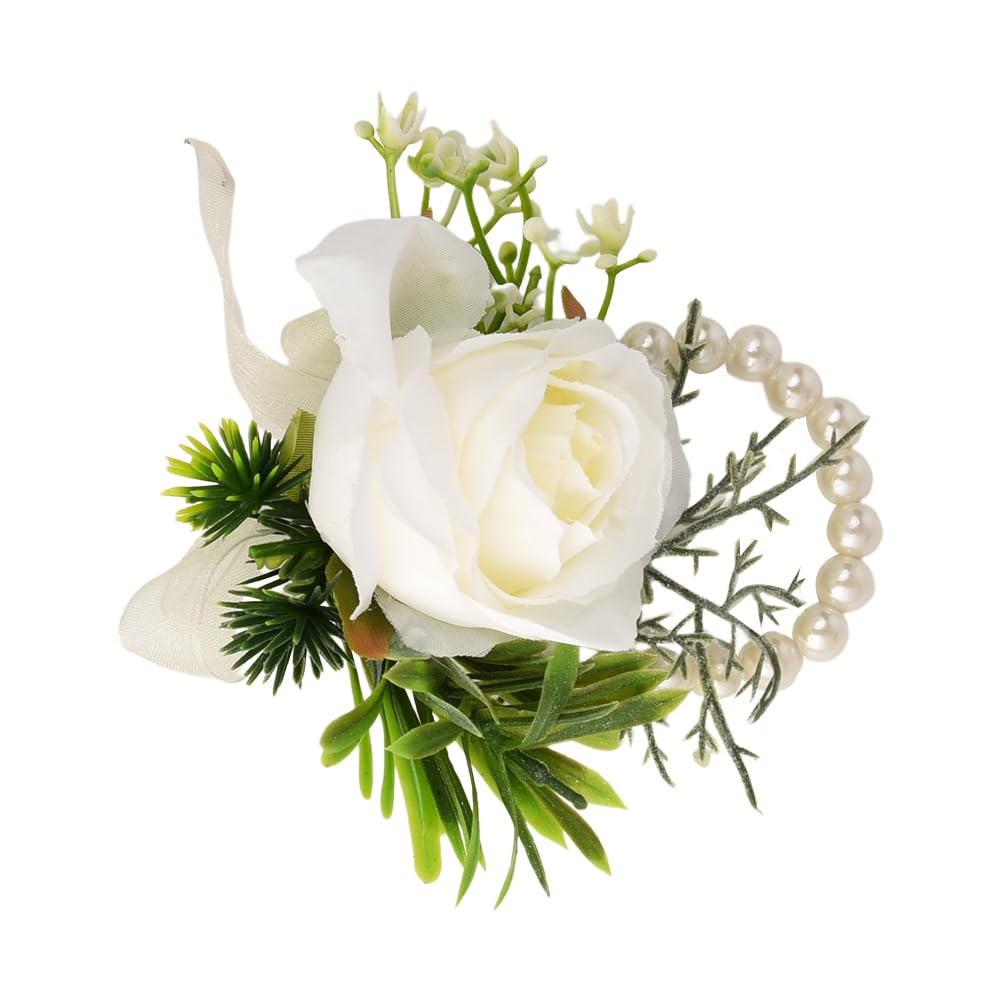 White Ivory Rose Wrist Corsages for Wedding Prom Corsage Wristlet for Women Bridal Bridesmaid Wrist Flower Corsage for Prom Party Decorations for Women Girls Wedding Artificial Flowers for Party Prom