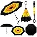 owen kyne 2 Pack Windproof Double Layer Folding Inverted Umbrella, Self Stand Upside-down Rain Protection Car Reverse Umbrellas (Starry Sky+Sunflower)