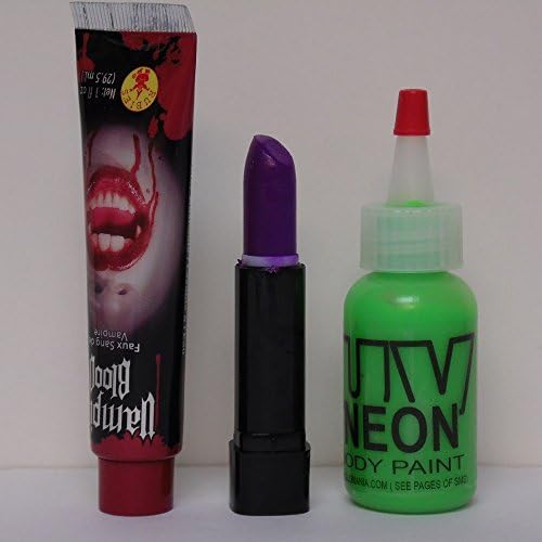 Frankenstein Monster Make Up Set for Halloween w/ UV Neon Body Paint, Lipstick, &amp; Fake Blood, Black Light, Rave, Party