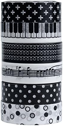 Furnizone Decorative Masking Tape Set of 6 Rolls Washi Japanese Decor Crafty Tape Sticker for DIY Scrapbook (Black+White) 