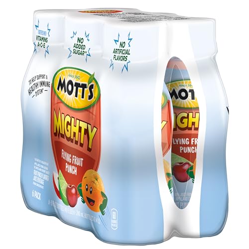 MOTT’S MIGHTY FLYING FRUIT PUNCH JUICE DRINK, 8 FL OZ BOTTLES, 24 COUNT (4 PACKS OF 6), 100% FRUIT JUICE WITH PURIFIED WATER, VITAMINS A, C AND E, NO ARTIFICIAL FLAVORS, COLORS OR SWEETENERS