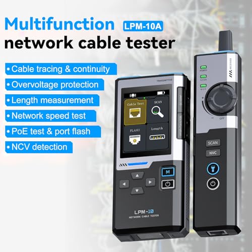 Professional RJ45 Network Cable Tester, Rechargeable Electric Ethernet Cable Locator, POE Test, NCV Test, Wire Crimping, Cable Length, Network Speed, 2.4" TFT Screen