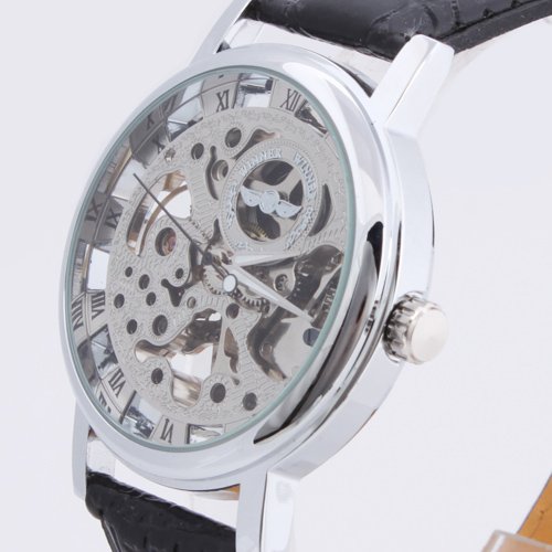 Winner Unisex Waterproof Silver White Round Dial Stainless Steel Hand Wind up Skeleton Watches