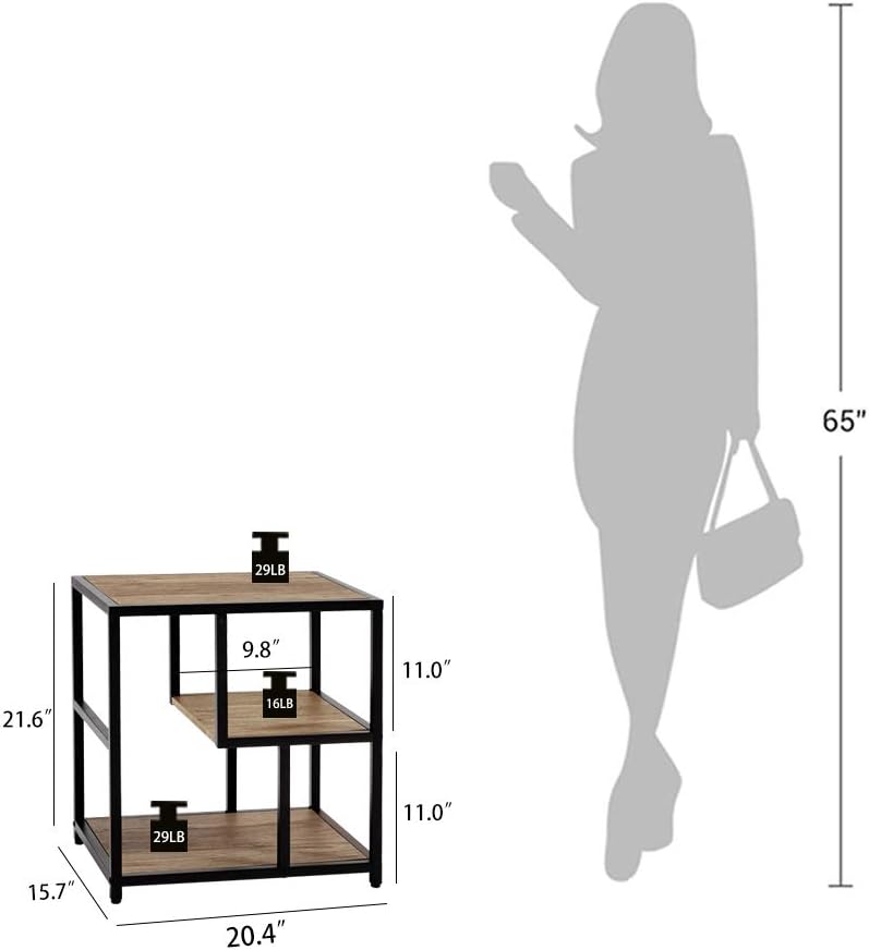 Linsy Home Industrial Side Table, 3-Tier End Table with Storage Shelf, Wood Look with Metal Frame, LS209J1-A: Kitchen & Dining