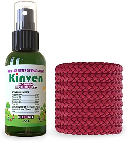 Kinven Anti Mosquito Repellent Bundle - Repel Mosquitos with Wristband Repellent &amp; Spray, Waterproof, Natural, DEET-free, Indoor &amp; Outdoor Protection (2oz spray bottle + 8 bracelet, Red)