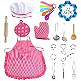 SOTOGO 21 Pieces Kids Chef Set Children Cooking Play Kids Cook Costume with Utensils for Boys & Girls (Pink Point)