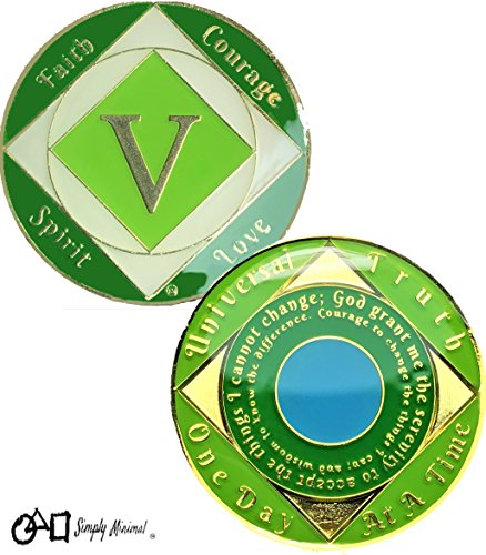 Simply Minimal 5 Year NA Gold Plated Recovery Clean Time Coin, Medallion + Plastic Capsule, Display Case (Green)