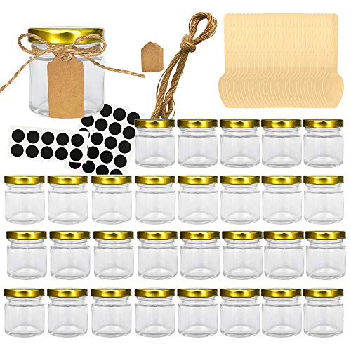 Folinstall 30 Pcs 1.5 oz Glass Jars with Gold Lids, Mini Mason Jars for Gifts, Crafts, Wedding, Spice, Extra 15 Silver Lids, Chalkboard Labels, Tags String and 30 Disposable Wooden Spoons Included
