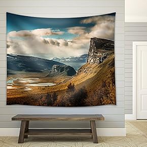 Autumn Landscape with Mountain Under White Clouds - Fabric Wall Tapestry Home Decor - 51x60 inches