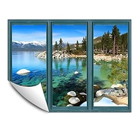 Wall Murals for Bedroom Fake Window Beach Blue Window Removable Wallpaper Peel and Stick Wall Stickers - 24x32 inches