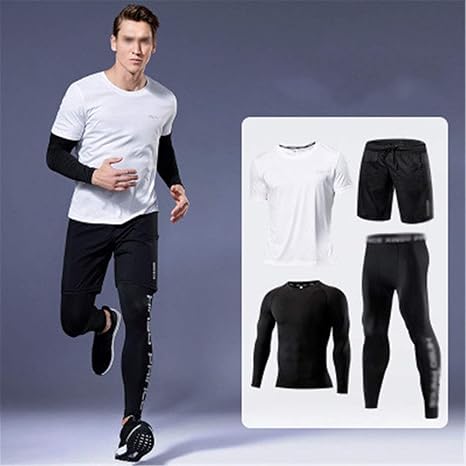 Amazon Co Jp メンズ コンプレッションウェア セット 4ピースのメンズフィットネス服バスケットボールタイツ服を設定し実行するマルチカラーオプション トレーニング ランニング ジム フィットネス 吸汗 速乾 Color A Size M 服 ファッション小物