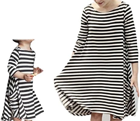 FamilyMatching Mommy and Daughter Fashion Striped Long Sleeve Shirt Dress Outfits Maxi Dresses (1-12Years) (Mummy-L, Black-White Stripes)