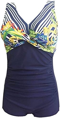 IYISS Women's Striped Floral Slimming Boy-Leg One Piece Swimsuits (XL, Dark Blue)