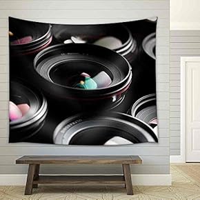 Modern Camera Lenses with Reflections, Low Key Image - Fabric Wall Tapestry Home Decor - 51x60 inches