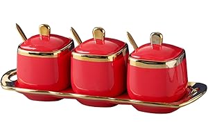 Fvstar Red Sugar Bowl with Lid and Spoon,Ceramic Condiment Jars Spice Container with Tray,Sugar and Salt Bowls,Gold Condiment Containers Pots Seasoning Box Set of 3 for Kitchen Coffee Bar