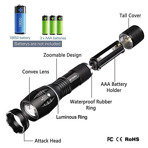 LED Tactical Flashlight, SKYROKU Portable Outdoor Water Resistant Torch Light Zoomable Flashlight with 5 Light Modes (2 Pack)