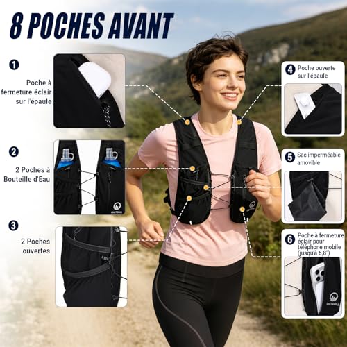 ONETOALL Women's Running Hydration Vest – 2 Soft Bottles 500 ml + LED Light, Lightweight Running Bag for Men, Marathon, Trail, Hiking