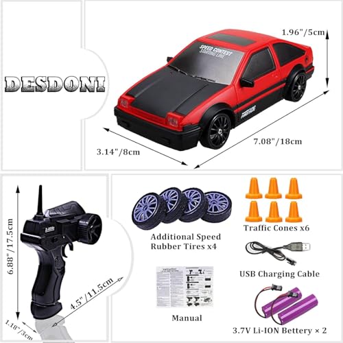 RC Drift Car 2.4GHz 1:24 Scale 4WD High Speed Remote Control Car with LED Lights, Drifting Tires, 2Pcs Rechargeable Batteries