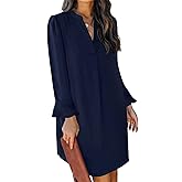 QACOHU Fall Dresses for Women 2026 Casual V Neck Long Sleeves Flowy Mini Tunic Dress