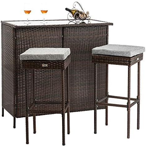 Wicker Bar Stool Chair Rattan Set 3 Piece Bar Counter 1Table 2 Stool 2 Cushion Outdoor Patio Pool Side Garden Party Event Glass Top Storage Capacity 330 Pound Leisure Home Balcony UV Resistant Set