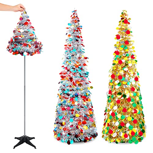 Sosation 2 Pcs 5 ft Pop up Christmas Tree Light Tinsel Skinny Pencil