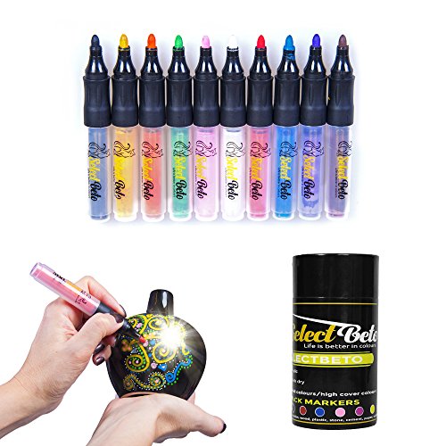 Acrylic Paint Pens-set of 10 Medium Point Permanent Markers-Assorted colors. Best art supplies for Adult coloring books,Sketch books-painting on Paper,Fabric,Glass,Rock, Styrofoam,Porcelain, Silk-Gift
