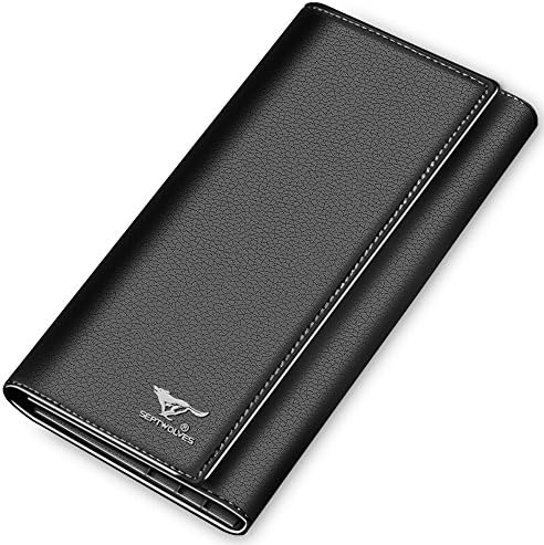 Premium Leather Long Tri Fold Wallet Multi Card Holder Wallet Black Business for Men