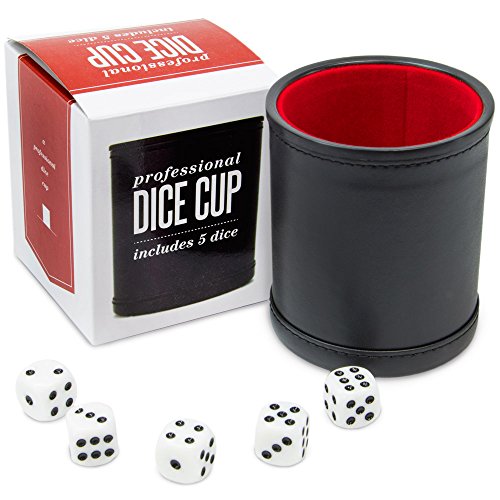Bundle of 5 Professional Dice Cups - Red Felt-Lined, Quality Bicast Leather, Includes 25 White Six-Sided Dice by Brybelly