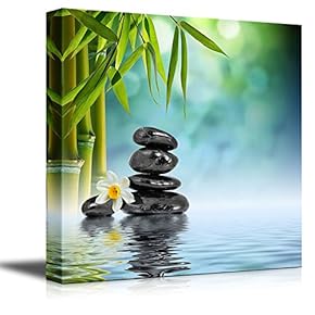 Canvas Prints Wall Art - Relaxing Scene of Stones and Bamboo on Water | Modern Wall Decor/Home Decoration Stretched Gallery Canvas Wrap Giclee Print. Ready to Hang - 16" x 16"