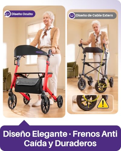 Kekoy K2 Elderly Walker with Aluminum Folding Seat, Height Adjustable, 400 lbs Load, Adult Walkers with 44cm Seat Cushion, Backrest and Storage Bag, Red