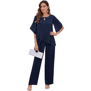 HIZWI 2 Pieces Mother of The Bride Pant Suits for Women Dressy Chiffon Sets Ruffle Layers Formal Wedding Guest Outfit