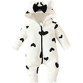 Newborn Baby Girl Hooded Jumpsuit Heart Cow Zip Up Long Sleeve Infant One Piece Romper Snowsuit Valentines Outfit