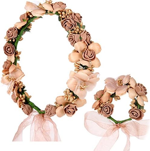 Flower Wreath Crown Adjustable Floral Headband Garland with Flower Wrist Band for Wedding Festival Party ( Coffee )