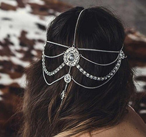 FASCHI Luxury Multilayer Rhinestone Waves Headband, Waterfall Fringe Tassel Hair Chain Wrap Cuff Hairband HeadPiece Head Band Hair Vine Wedding Jewelry (silver)